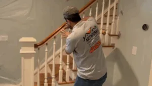 Interior painting project worker sanding and finishing handrail.