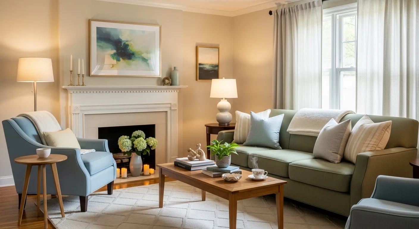 cozy CT living room with soft colors