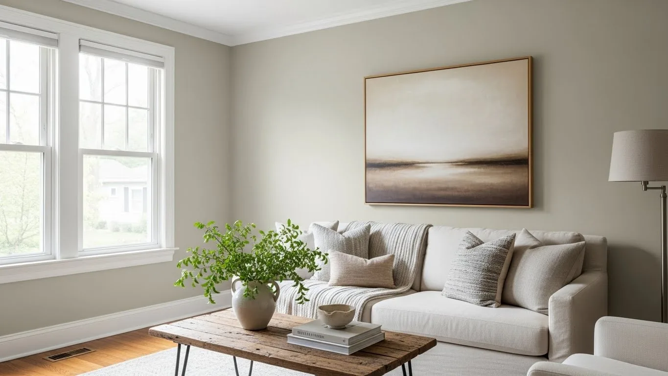 Low VOC paint on neutral interior walls enhances indoor air quality in a stylish Connecticut home living space.