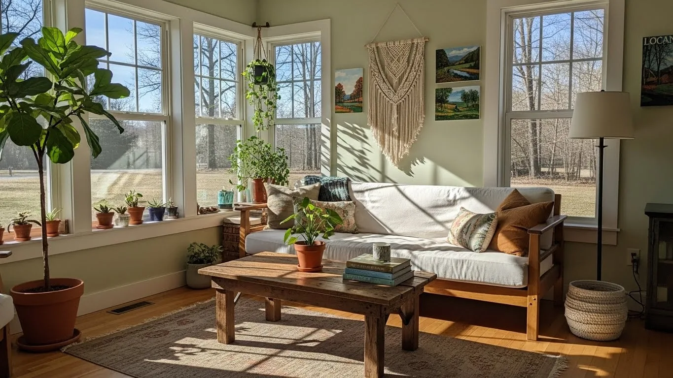 Low VOC paint used in a sunlit living room with plants, promoting eco-friendly and healthy indoor air quality.