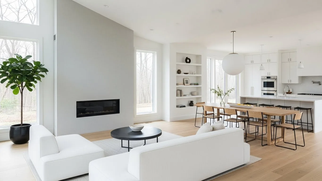 Low VOC paint finish in an open-concept Connecticut home, providing a modern look and healthier indoor air.