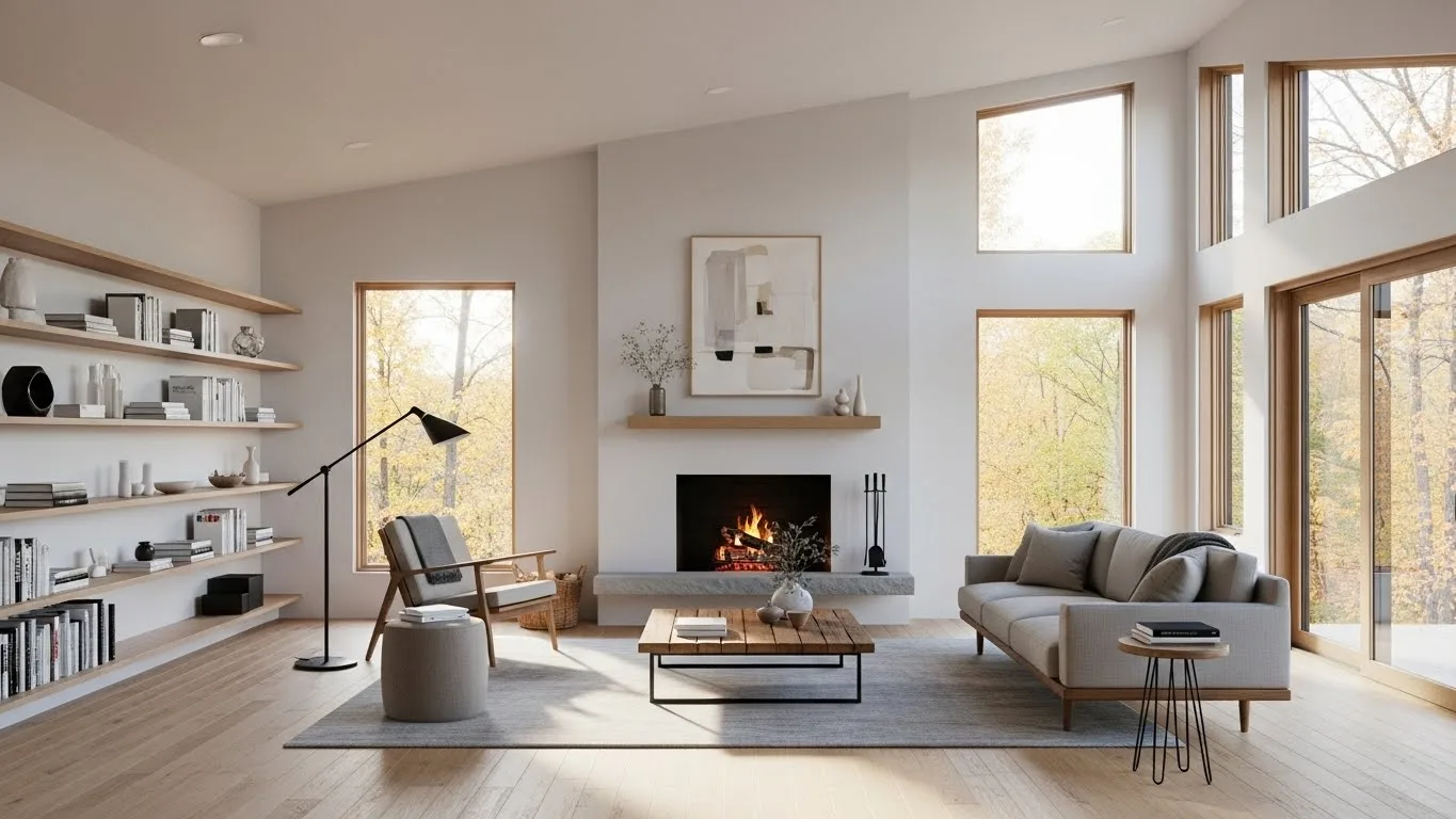 Low VOC paint creating a warm, minimalist interior design with natural light in a Connecticut residence.