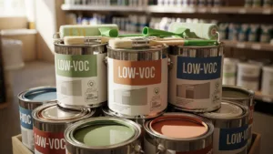 Low VOC paint cans and painting tools displayed, highlighting eco-friendly interior painting solutions.