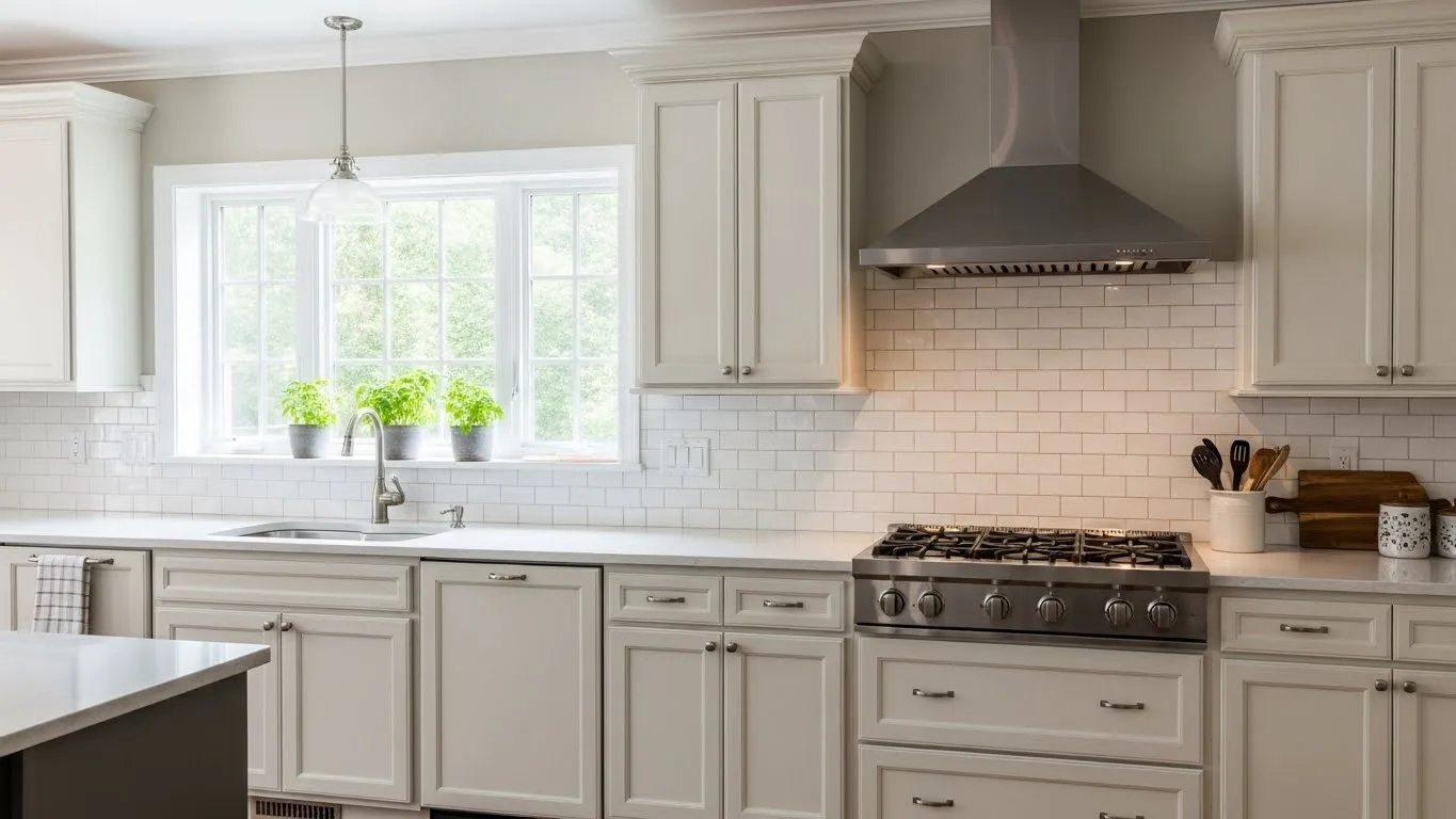 Modern white kitchen with subway tiles showcasing tile backsplash ideas for a clean and timeless design