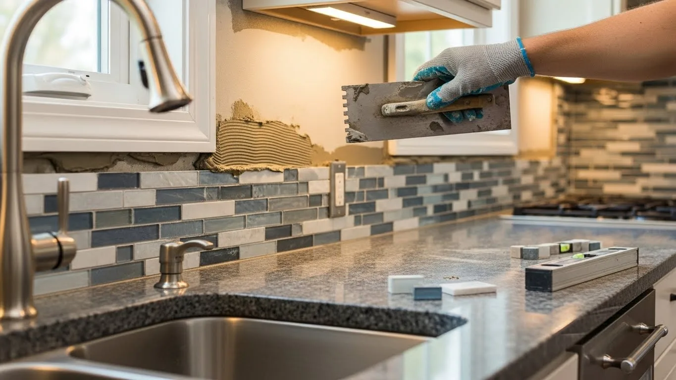 Professional installation process highlighting tile backsplash ideas with mosaic tiles in a modern kitchen