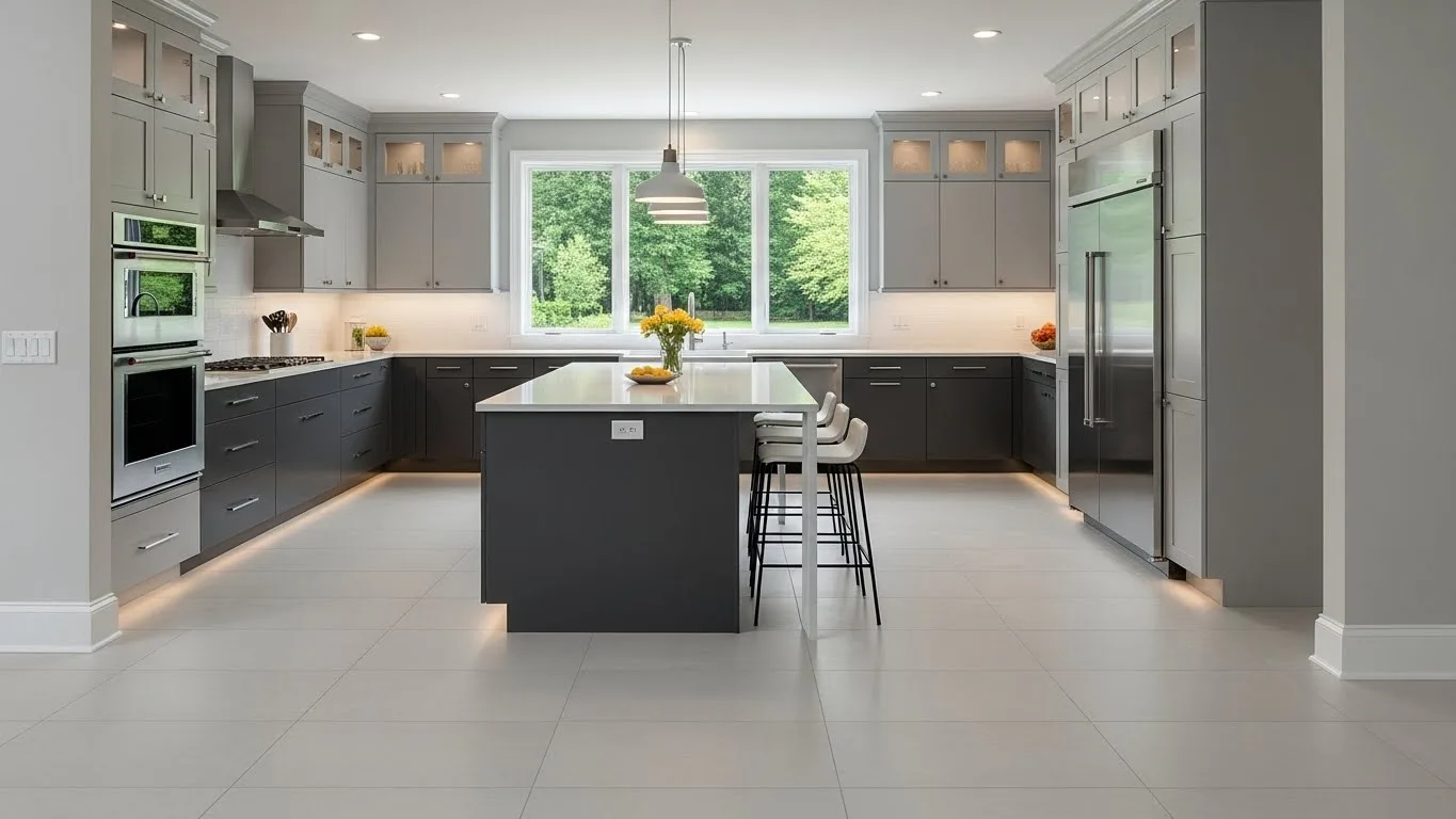 Contemporary gray kitchen featuring minimalist tile backsplash ideas with large-format tiles