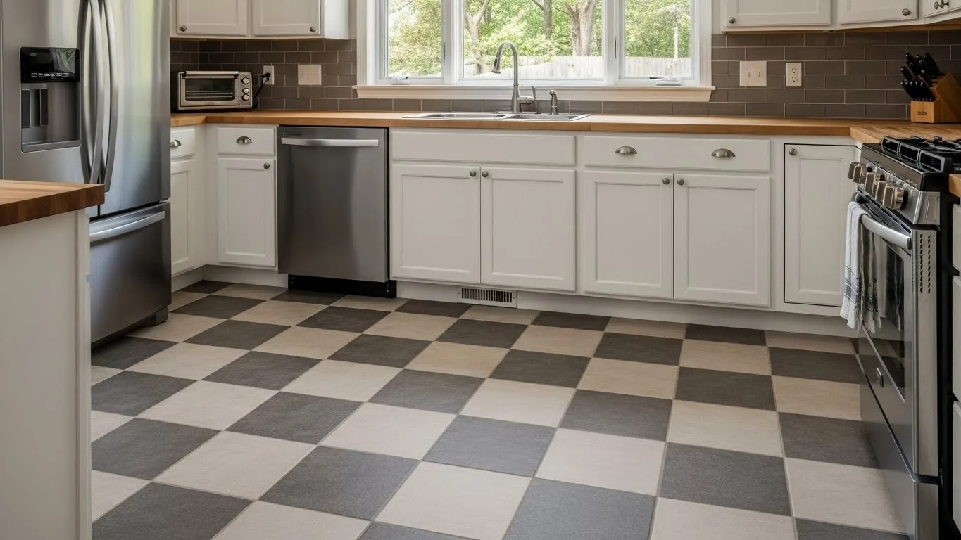 Classic kitchen design with checkered flooring and subtle tile backsplash ideas