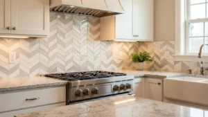 Herringbone tile design behind stove highlighting stylish tile backsplash ideas for modern kitchens
