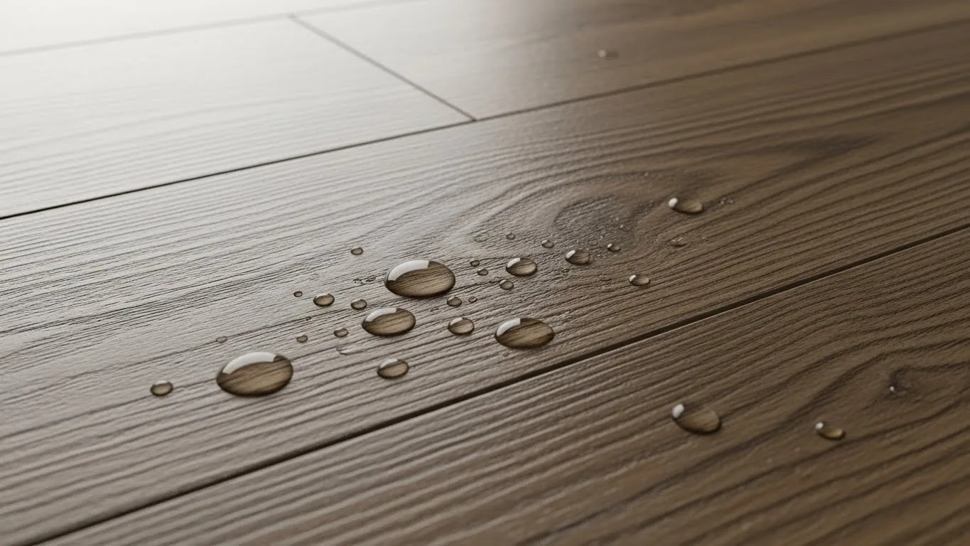 Waterproof Vinyl Flooring with water droplets, showcasing moisture resistance and durability for Connecticut homes.