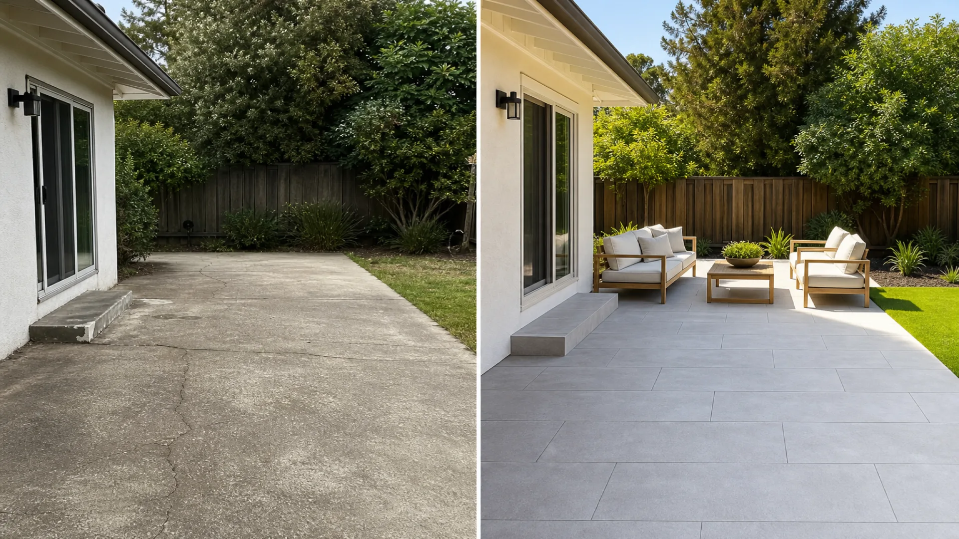 Before and after patio transformation, replacing a cracked concrete floor with large-format gray porcelain tiles, showcasing modern outdoor tile ideas for a sleek backyard seating area.