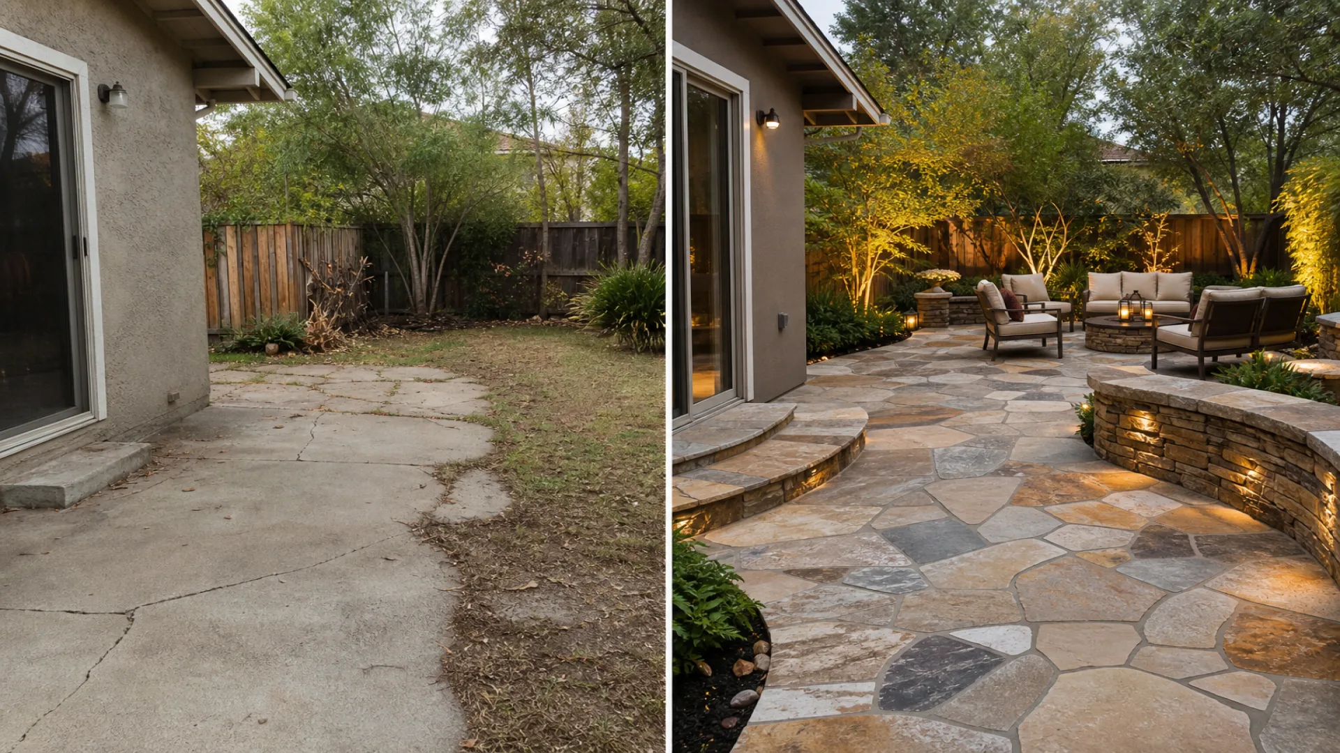 Before and after patio renovation, comparing old concrete pads with a sophisticated layout of irregular natural stone tiles, offering timeless outdoor tile ideas for a cozy backyard retreat.