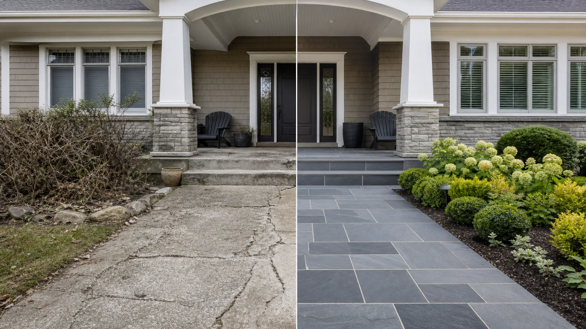 Before and after front porch makeover, shifting from old cracked concrete to dark slate-look tiles in a structured grid, highlighting elegant outdoor tile ideas for an upscale entryway.