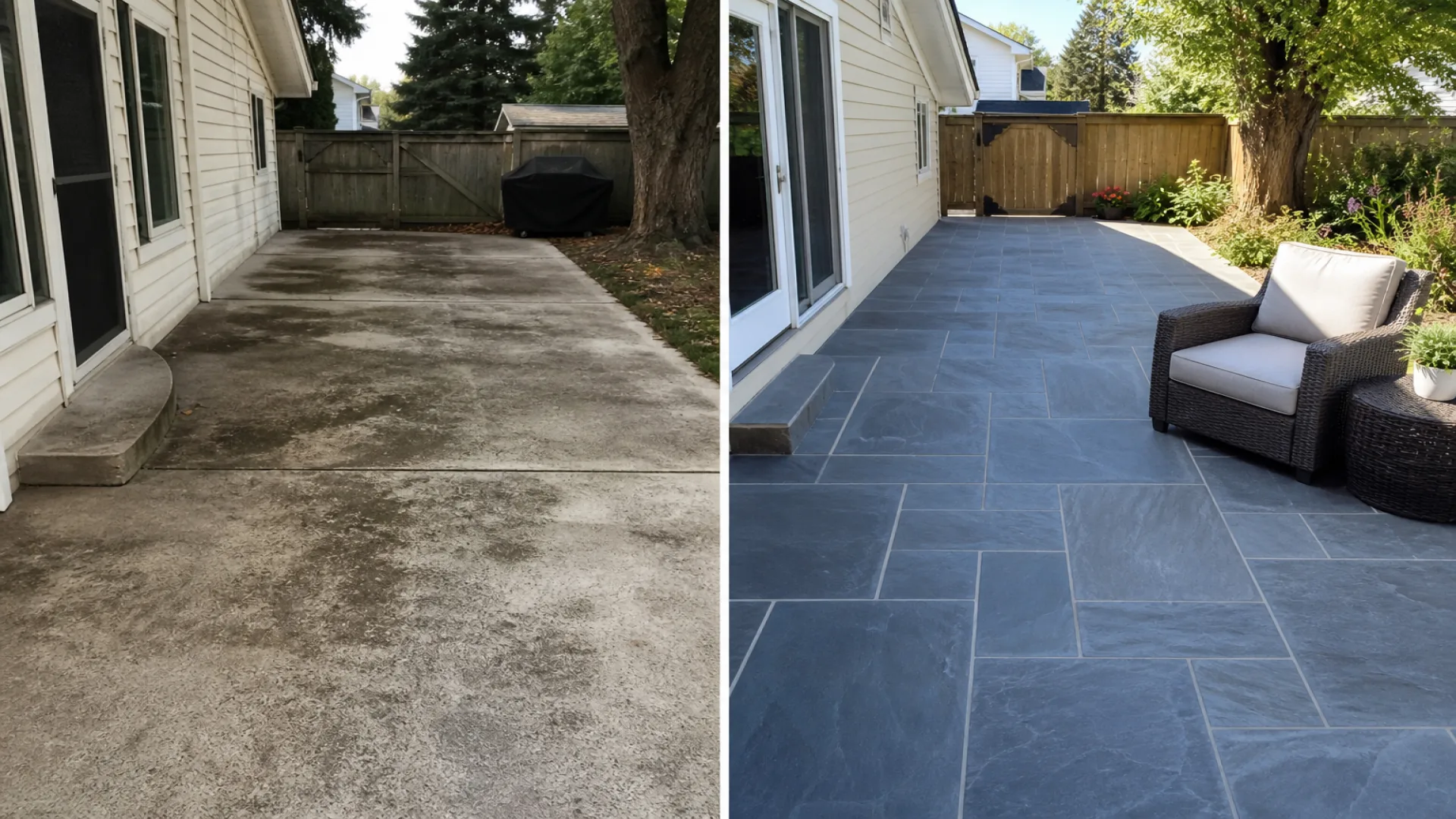 Before and after backyard patio renovation, showing a dramatic change from stained concrete to beautiful blue-gray stone tiles, presenting spacious outdoor tile ideas with wicker furniture.