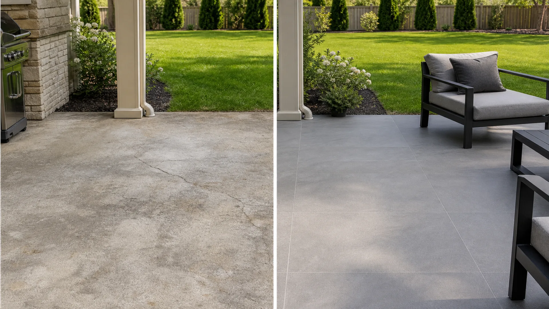 Before and after covered patio upgrade, swapping a weathered concrete slab for clean, large-format light gray tiles, emphasizing minimalist outdoor tile ideas next to a lush green lawn.