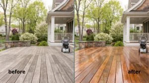 A split before-and-after image of a residential wood deck being cleaned. On the left side, labeled "Before", the wood is dry, weathered, and a dull grayish-brown. On the right side, labeled "After", the deck is clean, restored, and displays a rich, warm golden-brown natural wood grain. A pressure washer sits on the deck in both frames, with a beautiful suburban house, stone walls, and green trees in the background.